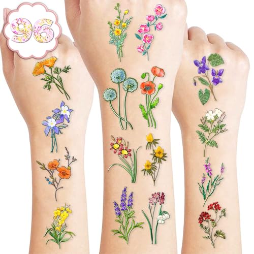 96 PCS Small Wildflower Floral Pre–Cut Temporary Tattoos Birthday Party Decorations Supplies Favors Spring Flower Bouquets Decor Stickers Gifts Boys Girls Classroom School Prizes Reward (Normal)