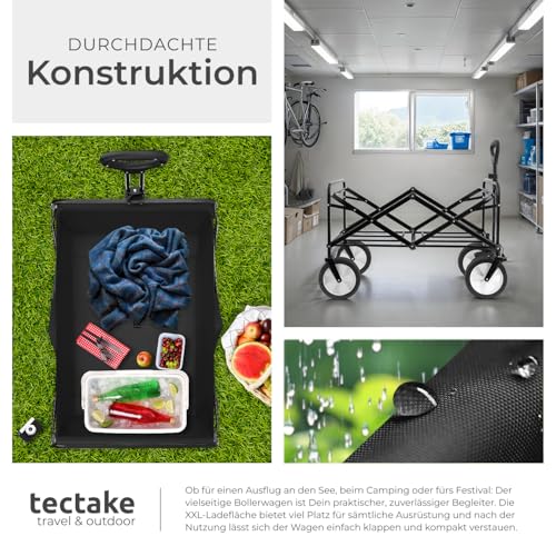 tectake Bollerwagen faltbar, Transportwagen klappbar, mit Tasche, Handwagen zum Ziehen, breite Gummireifen, Faltbarer Trolley zum Transport, für den Strand, im Garten, belastbar bis 80kg (schwarz)