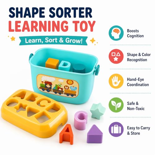 Image of Goyal's Shape Sorter Toy for Toddlers | Shape and Color Learning with ABC & Shapes Blocks | Sorting and Matching Playset with Carry Handle for Easy Storage for Kids (16 Alphabetic Shape Blocks)