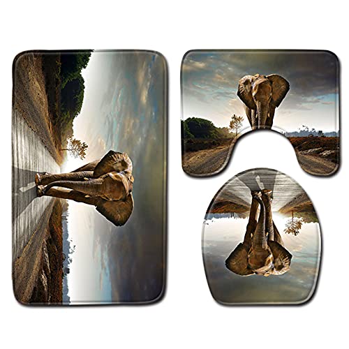 JYJFORYOU rutschfeste Badematten-Set 3-teiliges Elefantenmuster Quicky Drying Badteppich-Set Badteppiche U-förmige Matte…
