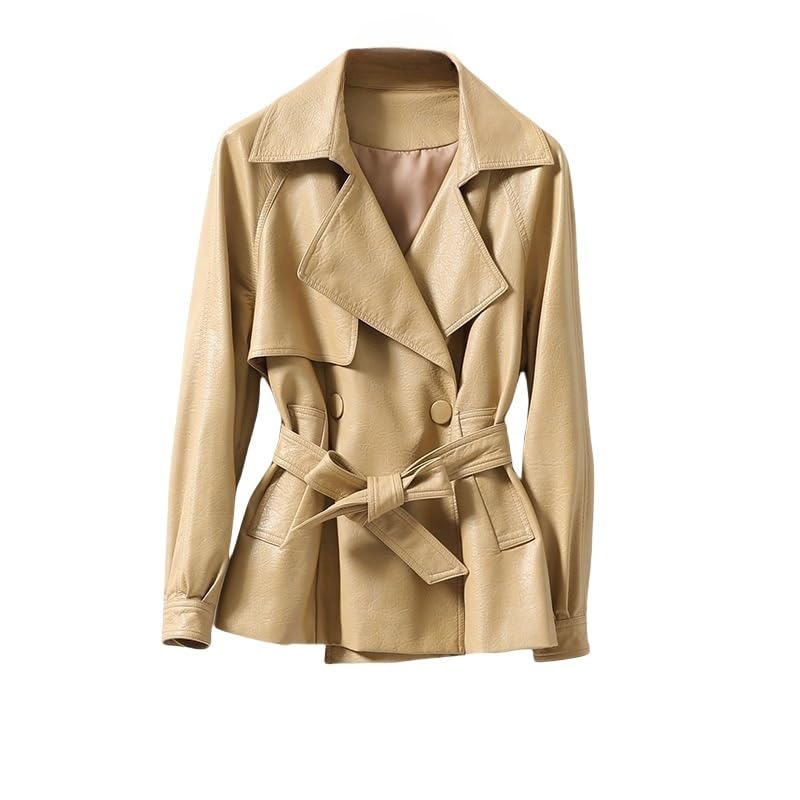 Gabardina Corta De Piel Auténtica para Mujer Chaqueta Clásica De Solapa Cruzada Totalmente Forrada Cortavientos con Cinturón Elegante Abrigo De Piel De Oveja para Otoño E Invierno Color Caqui S