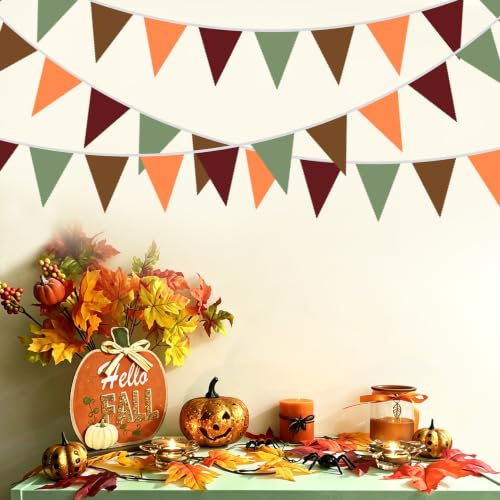 Image of 40Ft Burgundy Sage Green Brown Orange Fabric Bunting Banner Pennant Hanging Party Decorations Cotton Triangle Flag Garland for Retro Autumn Thanksgiving Fall Harvest Pumpkin Birthday Baby Shower Decor