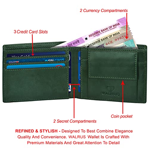 Image of Walrus Men's Wallet, Business Card Holder Vegan Leather Bi Fold Stylish Purse for Men, Card Case (Green) with RFID Blocking - Perfect for Gift for him