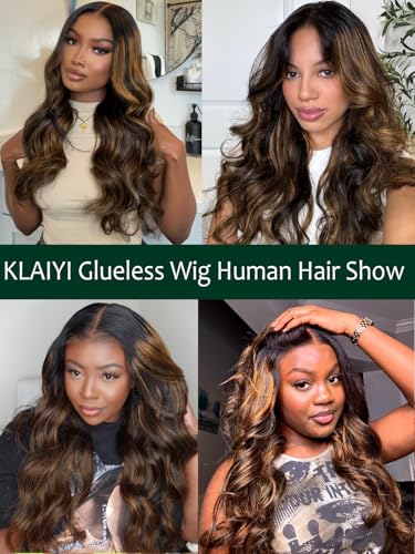 Image of KLAIYI Bye Bye Knots Glueless Ombre Brown Body Wave Pre Cut 7x5 Lace Front Wigs Human Hair Drawstring Pre Plucked Bleached Pre Everything Ready to Wear and Go Wig Highlight Balayage Colored Wig 24Inch