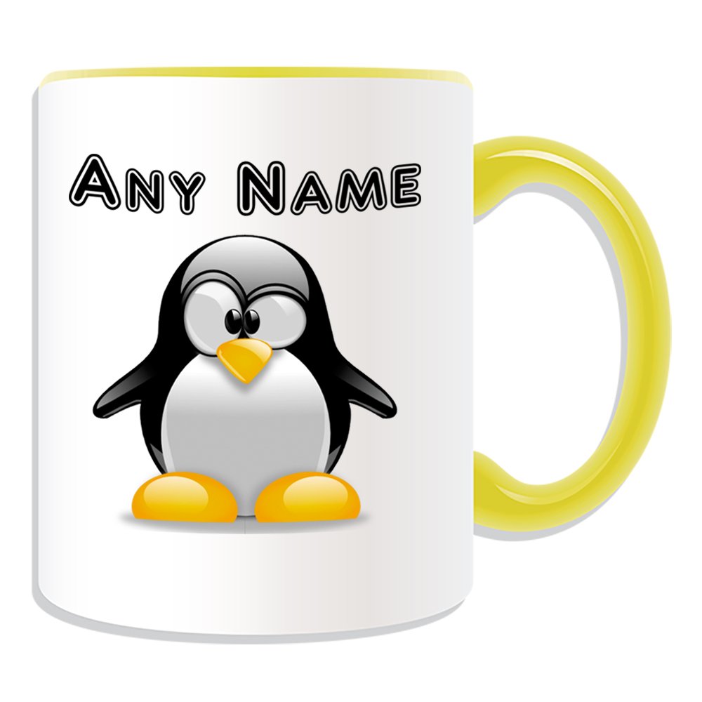 Regalo personalizzato – Tazza pinguino (tema animal design, opzioni di colore) – Ogni nome/messaggio sul tuo unico – Cross Eye, ceramica, giallo