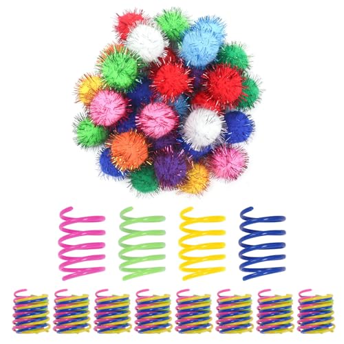 SEVENKA Cat Toys 30 Pcs Color Flash Balls and 36 Spring Toys, 1.1in Small Soft Cat Ball Tinsel Pom Poms, Kitten Toy, Plastic Spiral Springs for Swatting, Biting, Hunting, Active Healthy Play