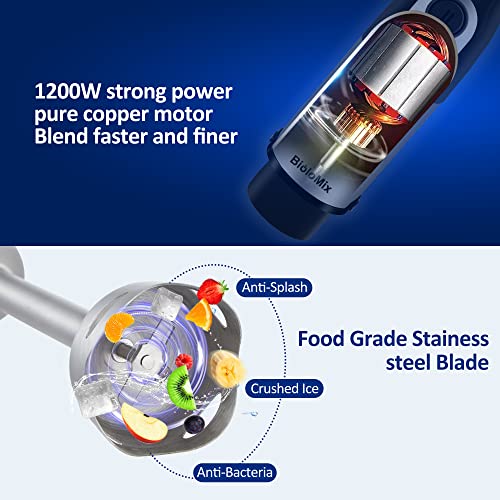 Image of BioloMix Hand Blender 5 in 1 Immersion Blender 1000W, 6 Speed With Turbo Mode hand blenders immersion Stainless Steel Blade With 800ml Chopper, 600ml Mixing Beaker, Whisk and Milk Frother
