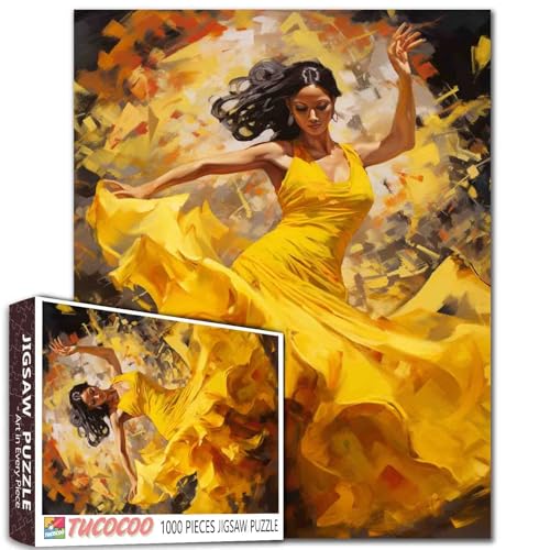Puzzle de danseuse de flamenco, robe jaune femme art 1000 pièces pour adultes, 68,6 x 50,8 cm pour familles, cadeau puzzle de qualité HD, soirée de jeu...
