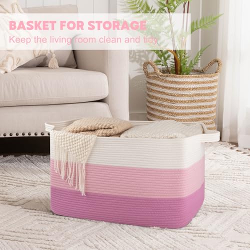 Image of OIAHOMY Extra Large Blanket Basket, 95L Cotton Rope Woven Laundry Basket, Toy Bin for Baby Room, Container for Blanket Storage in Living Room, 24''x17''x14'', Gradient Pink