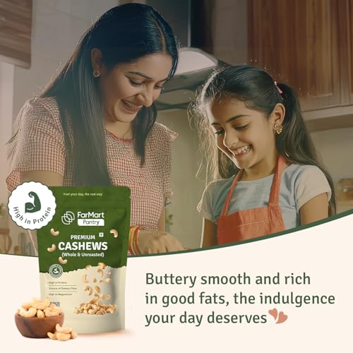 Image of FarMart Pantry Premium Cashews (Whole & Unroasted)| 500g Pack | W320 | Creamy, Crunchy & 100% Natural | High in Protein, Fibre & Magnesium | Ideal for Snacking, Cooking & Sweets |