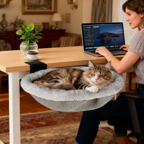 L&W BROS.Cat Desk Bed Supports Up to 50 lbs 18x18Removable Machine-Washable Plush Cover Comfortable Cat Perch for Indoor Space-Saving Foldable Design Cat Bed for Gaming Desks Home Office