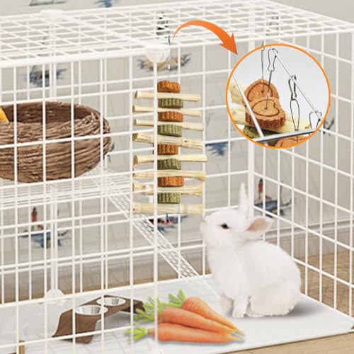 Image of 4 PCS Rabbit Chew Toys for Teeth Grinding, Delicious Bunny Cage Hanging Chew Toys, Natural Sweet Bamboo Chew Sticks and Timothy Grass Cake Hay Treats Maintaining Healthy Teeth for Rabbits