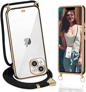 ZTOFERA Crossbody Case for iPhone 14 Pro Max, Gold Edge Transparent Clear Case with Lanyard Cord Strap, Soft TPU Anti-scratch Shockproof Bumper Cover for iPhone 14 Pro Max (6.7") - Black