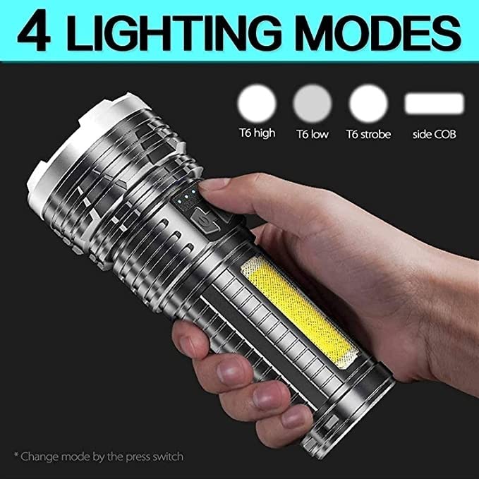 Linterna de Mano LED, Linterna de Alto Lumen Recargable por USB con luz Lateral COB, Resistente al Agua IPX6, 4 Modos de iluminación, luz de antorcha con Zoom for Acampar