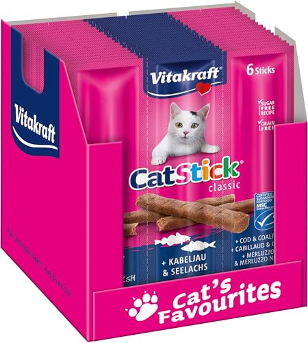 Vitakraft Cat Stick Classic, snack gatto, bastoncino con carne, con merluzzo e merluzzo carbonaro, confezione scorta, senza zuccheri aggiunti (10x 36g)