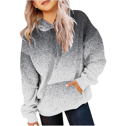 Hoodie Mädchen Farbverlauf Pullover Fleece Kapuzenpullover Winter Sweatshirt mit Kapuze Casual Kinder Langarmshirt Locker Pulli Leichte Oberteile Kuschelig Winterpullover Kapuzenpulli (Grey, 120)