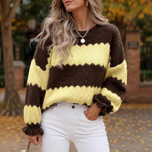 Striped Sweater Women Color Block Ruffle Long Sleeve Pullover Sweater - image 2