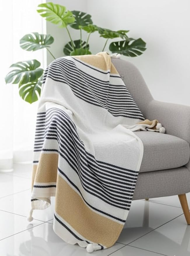Image of HAKAM 100% Cotton Soft Throw Blanket with Fringe | White & Mustard Stripe | Cozy Breathable Decorative Couch, Bed, Sofa Throw | 50x60 inch
