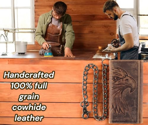 Image of F&L CLASSIC RFID Blocking Mens Tri-fold Long Style Cowhide Leather Steel Chain Wallet,brown eagle head,212-102