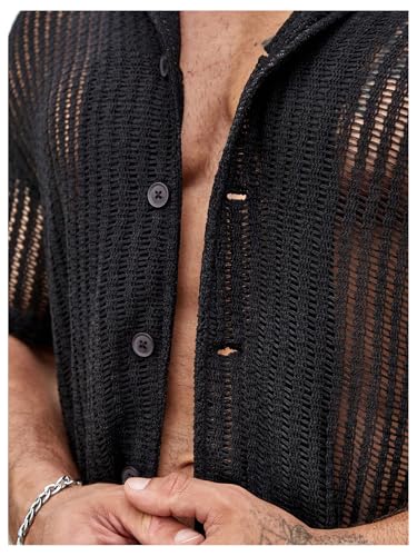 OYOANGLE Men's Mesh Sheer Short Sleeve Button Down Shirts Beach Vacation Shirt Party Crochet Tops4