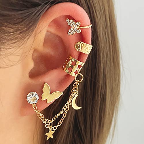 22Pcs Golden Ear Cuffs Earrings for Women Non Piercing Lightweight, Adjustable Hypoallergenic Fake Clip On Cartilage Butterfly Chain Twist Helix Leaf Wrap Earrings Set, Trendy Jewelry4