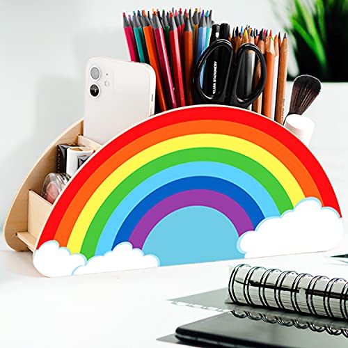 BAODLON Wooden Pen Holder & Pencil Holders - Rainbow Pencil Holder Desk Organizer for School Home Office Art Supplies Makeup Brush Classroom Organization for Women & Kids