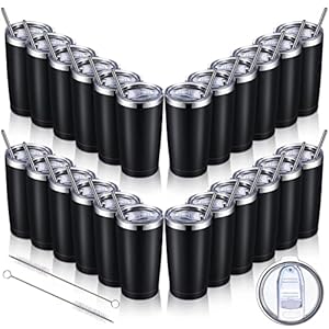 Eaasty 25 Pack Insulated Travel Tumbler with Straw and Lids 20 oz Stainless Steel Vacuum Tumbler Cups Powder Coated Coffee Mug for Cold and Hot Drinks (Black)