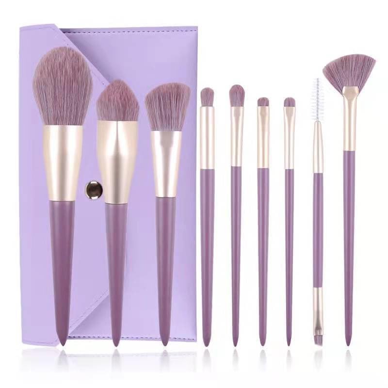 Makeup Brush Set 9 Pcs Premium Synthetic Foundation Powder Concealers Eye shadows Blush Makeup Brushes with Lavender Case,Professional Travel Set, Purple Snap Button Pouch, Waterproof PU Bag