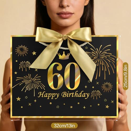 Image of JMANNI Black Gold 60th Birthday Gift Bag with Card and Tissue Paper, 12.6 inchx9.84 inchx3.9 inch Elegant Present Bag for Men Women, 60 Year Old Birthday Keepsake Party Supplies