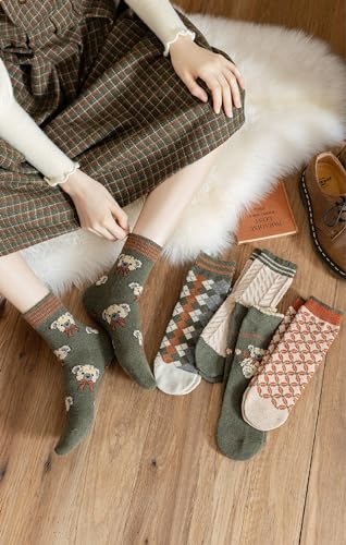 Image of 5 /10 Pairs Wool Socks for Women Thick Knit Cozy Vintage Cute Animal Floral Crew Socks