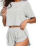 ANGELBEE Split Short Pajama Set Soft Women's Striped Pajama Sleeve Tee & Elastic Waist Shorts Lounge Sleepwear Gray