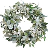 22 Inch Spring Everyday Lamb Ears Leaves Wreath with White Wild Flowers and Berries for Front Door, Welcome Wood Sign Green Leaves Wreath for Indoor Outdoor, Everyday Leaves Home Decor