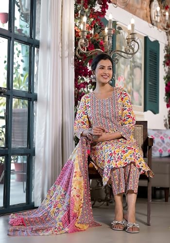 Image of MIRCHI FASHION Women's Straight Fit Pure Cotton Jaipuri Floral Printed Sequins Thread Work Kurta Set with Dupatta and Trouser