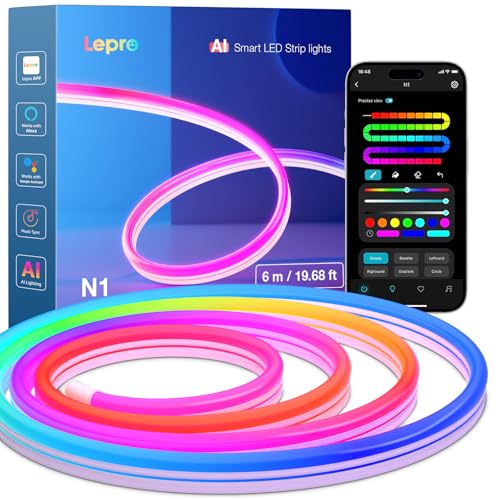 Lepro Neon AI LED Strip 6m RGB LED Streifen mit App- Musik- und Sprachsteuerung kompatibel mit Alexa & Google Assistant für Wohnzimmer Gaming Party Wanddeko Personalisierter KI-Lichtdesigner