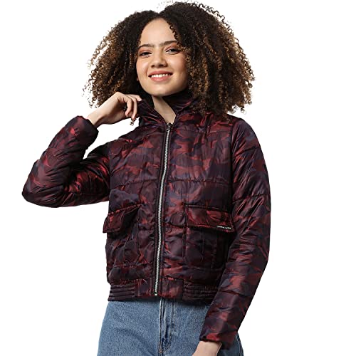 Image of Campus Sutra Women Red Camouflage Puffer Regular Fit Bomber Jacket For Winter Wear | Collared Neck | Full Sleeve | Zipper | Casual Jacket For Woman & Girl | Western Stylish Jacket For Women