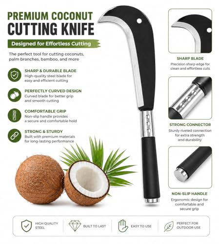 Image of ARUSPRAY Multipurpose Kitchen Knife | Billhook Knife, Kerala Koduval for Coconut Cutting, Handmade Nariyal Cutter, High Tempered Iron Steel Blade