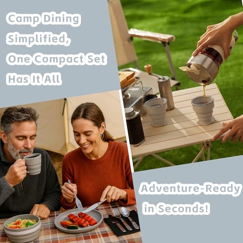 6-teiliges Camping Geschirrset faltbar mit Edelstahl-Besteck (Messer, Löffel, Gabel), Becher, Schüssel, Teller & Netzbeutel – perfekt für Reisen, Camping, Picknick & Outdoor-Aktivitäten