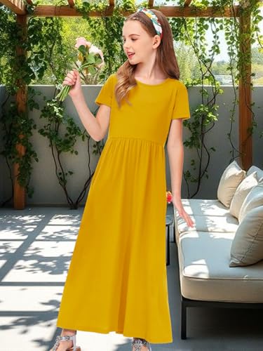 Image of Deerose Girls Maxi Dress Short Sleeve Casual Long Dresses with Pockets 5-14 Years