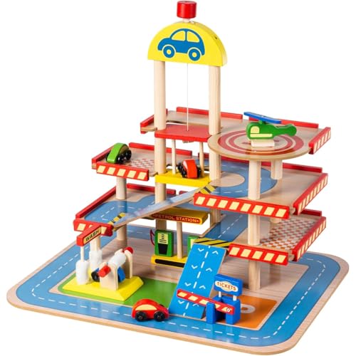 Wooden Car Garage Toy 4 Level Parking Playset with Cars & Helicopter Kids Toy Car Park with Lift Ramps Car Wash & Petrol Station Toddler Toys Age 3+