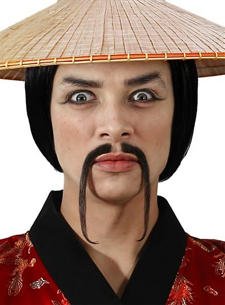 Baffi Fu Manchu – Master Lee – Nero – barba professionale con percentuale di capelli umani – travestimento accessorio Carnevale (con adesivo per la pelle)