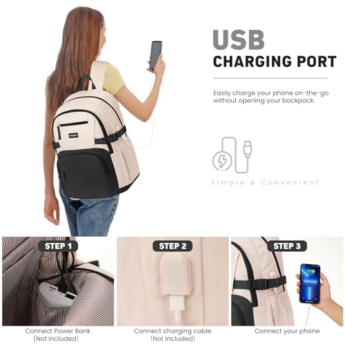 Image of WINDARS Backpack for School Girls, Cute High School Backpacks for Teens Women Student Large Bookbag 15.6 Inch Laptop Bag with USB Charger Port for College Work Travel Trip 3 Pcs(Black Beige)