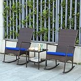 Outdoor Rocking Chairs Set - 3 High-Backed Patio Rockers with Bistro Table & Anti-Slip Cushions, Dark Blue