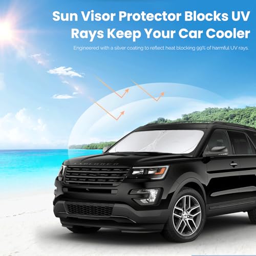Image of Windshield Sun Shade for Ford Explorer 2011-2017 2018 2019 Sunshade | Custom Fit Explorer Accessories Sun Visor Foldable Front Window Sun Cover Protector Blocks UV Ray