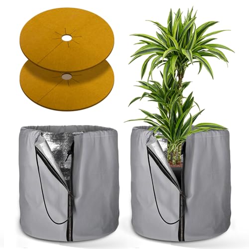 Mucek 2 Stück Thermo Topfschutz 70 x 65CM mit 2 Stück Fasermatte 40CM Topfschutz Pflanzen Winter für Pflanzen mit Zugband Frostschutz Pflanzen mit Reißverschluss