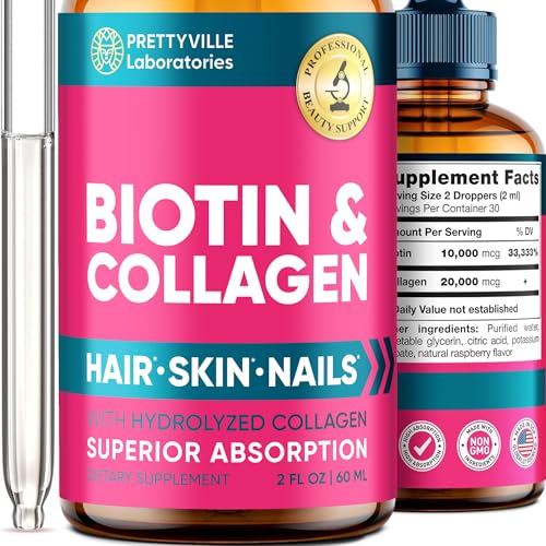 Liquid Biotin & Collagen for Hair Growth 30000mcg - Support Hair Health, Strong Nails and Glowing Skin - 30000mcg of Collagen and Biotin Combined