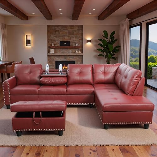 Topcomfy Sectional Couches for Living Room with Movable Chaise & Storage Ottoman - 97.5 Leather L Shaped Couches for Living Room Apartment, Home Modular Sectional Sofas with Cup Holder, Red