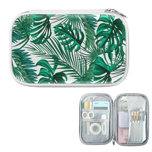 Image of Green Palm Leaves Pencil Bag Case Zipper Pencil Holder Organizer Stationary Pen Bag Cosmetic Makeup Bag Pouch Purse for School Office Supplies