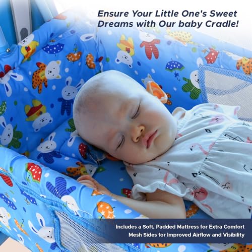 Image of Bubblebaby Premium Sturdy & Safe Baby Cradle Jhula /Palna /Bed /Ghodiyu /Baggi /Baby Bedding with Mosquito Net 360 Rotating Wheels & Lock Storage Mattress for 0-13 Months Boys Girls (Blue)1 Count