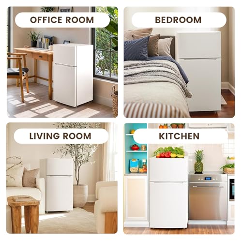 3.55 Cu.Ft Mini Fridge with Freezer, Small Fridge with 2 Doors for Office, Kitchen, Dorm and Bedroom, Mini Refrigerator with Adjustable Shelves (White)