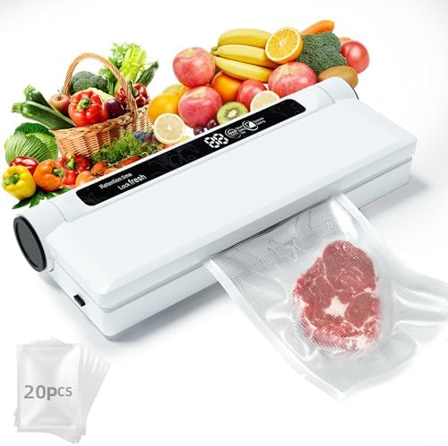 Food Vacuum Sealer Machine, 75KPA Strong Suction, Dry/Wet Modes, 20 Vacuum Seal Bags for Food, Digital Countdown Timer, Compact Lightweight, Ideal for Home Kitchen Use